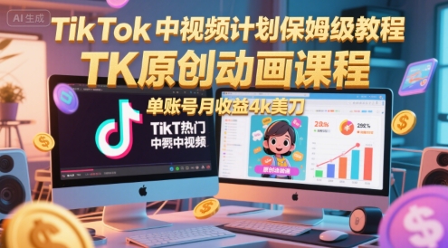 TikTok中视频计划保姆级教程，TK原创动画课程，单账号月收益4k美刀-鸿图网创