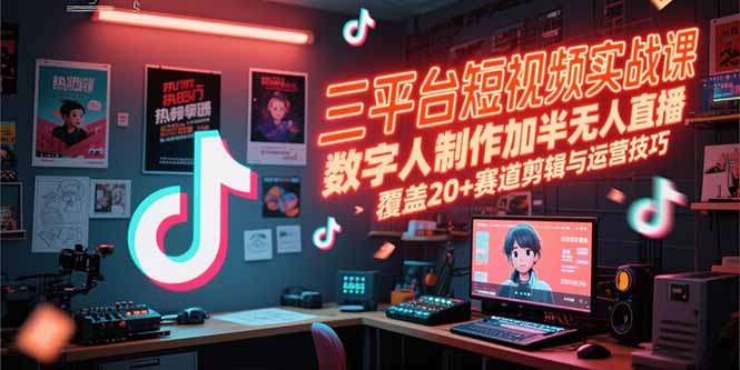 三平台短视频实战课,数字人制作加半无人直播,覆盖20+赛道剪辑与运营技巧-鸿图网创