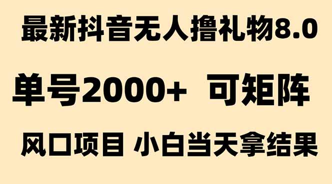 抖音无人撸礼物8.0玩法 全新风口   见效果快  全无人  单号当天产出2000+-鸿图网创