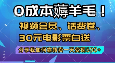 0成本薅羊毛!视频会员、话费卷、30元电影票白送，分享我如何靠转卖一天变现5张+【揭秘】-鸿图网创
