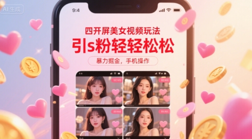 四开屏美女视频玩法，引s粉轻轻松松，暴力掘金，手机操作【揭秘】-鸿图网创