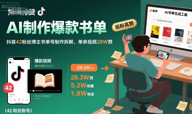 AI制作爆款书单，抖音42粉丝博主书单号制作拆解，单条视频28W赞-鸿图网创