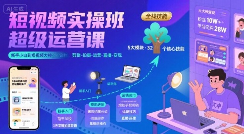 短视频实操班超级运营课,新手小白到短视频大神必修课程,剪辑-拍摄-运营-直播-变现-鸿图网创
