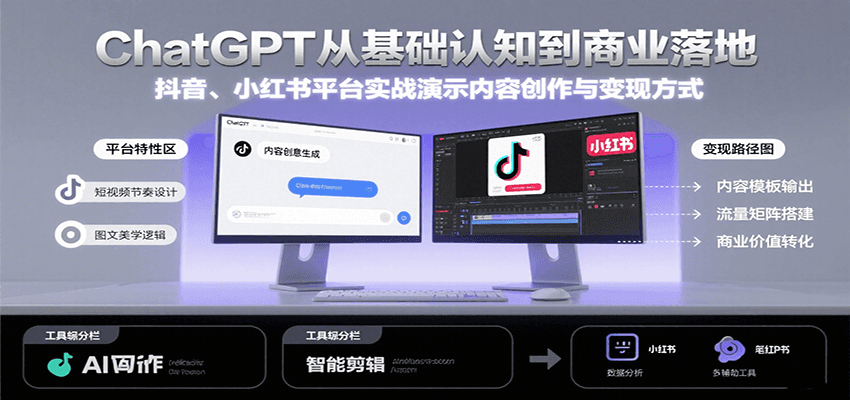 ChatGPT从基础认知到商业落地，实战演示抖音、小红书等平台的内容创作与变现-鸿图网创