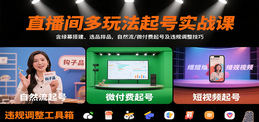 直播间多玩法起号实战课：含绿幕搭建、选品排品，自然流/微付费起号及违规调整技巧-鸿图网创