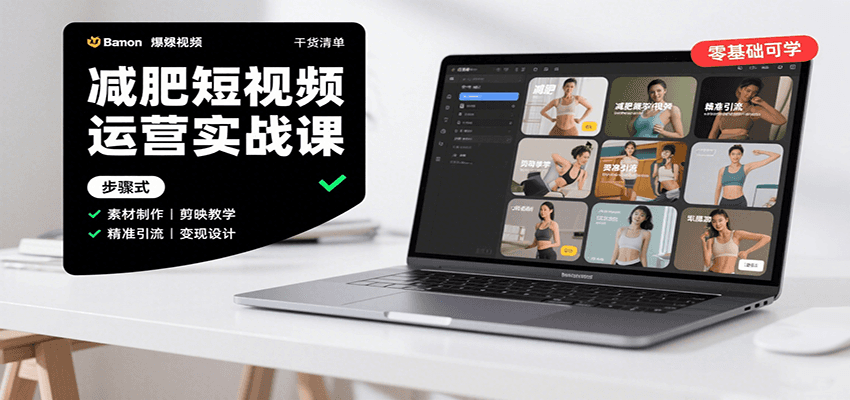减肥短视频运营实战课：含素材制作、剪映教学，讲精准引流、变现设计与内容模板技巧-鸿图网创