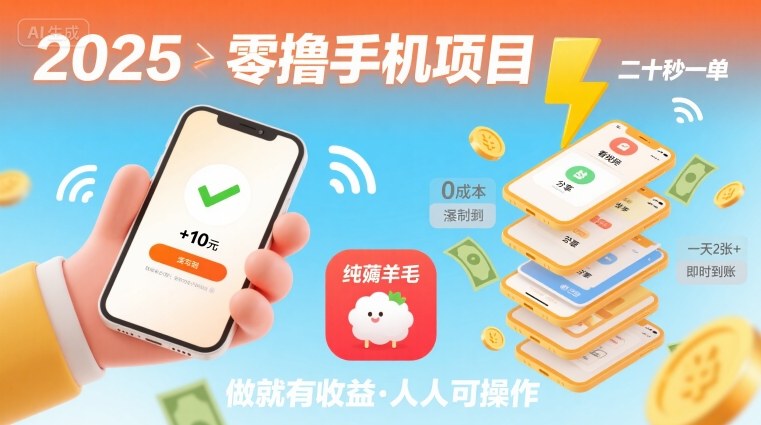 2025年零撸手机项目，二十秒一单，纯薅羊毛 一天2张+做就有-鸿图网创