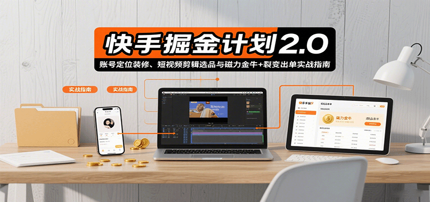 快手掘金计划2.0，账号定位装修、短视频剪辑选品与磁力金牛+裂变出单实战指南-鸿图网创