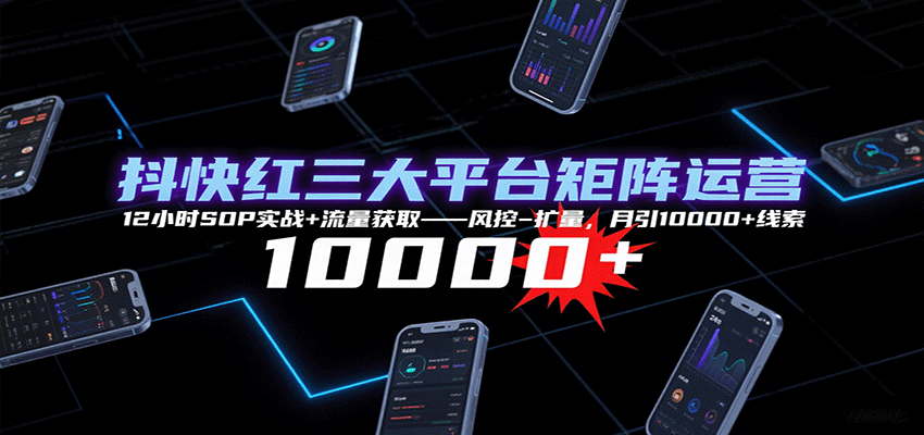 抖快红三大平台矩阵运营，12小时SOP实战+流量获取-风控-扩量，月引10000+线索-鸿图网创