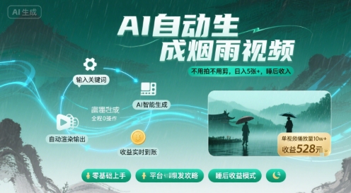不用拍不用剪！AI自动生成烟雨视频，日入5张+，睡后收入-鸿图网创