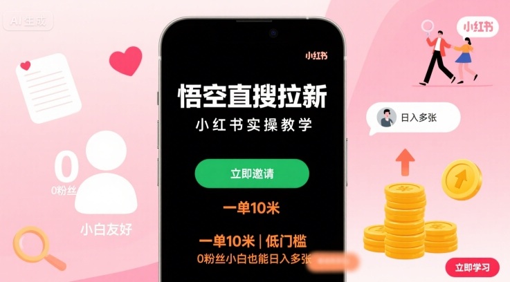 悟空直搜拉新小红书实操教学，一单10米，低门槛，0粉丝小白也能日入多张-鸿图网创