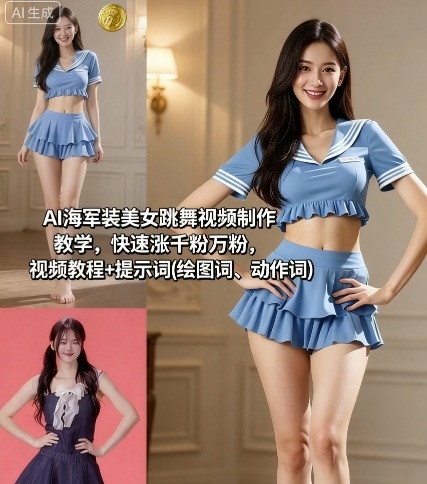 AI海军装美女跳舞视频制作教学,快速涨千粉万粉,视频教程+提示词(绘图词、动作词)-鸿图网创