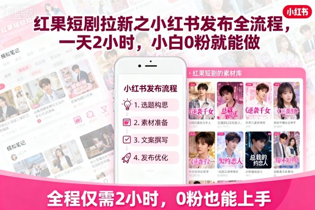 红果短剧拉新之小红书发布全流程，一天2小时，小白0粉就能做-鸿图网创