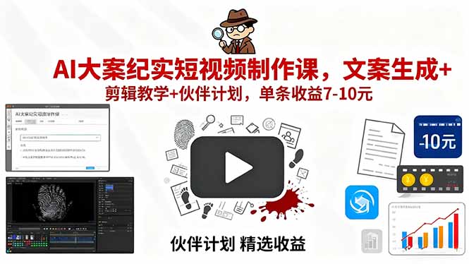 AI大案纪实短视频制作课，文案生成+剪辑教学+伙伴计划，单条收益7-10元-鸿图网创
