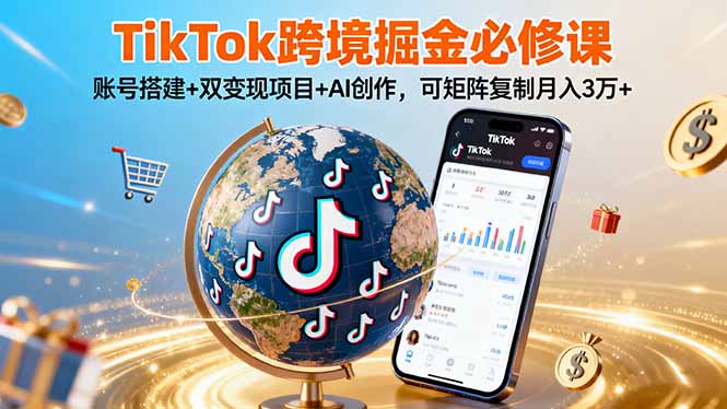 TikTo跨境掘金必修课，账号搭建+双变现项目+AI创作，可矩阵复制月入3万+-鸿图网创