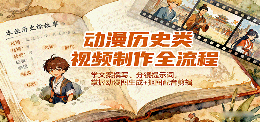 动漫历史类视频制作全流程，学文案撰写、分镜提示词，掌握动漫图生成+抠图配音剪辑-鸿图网创