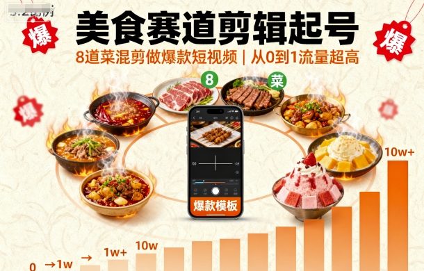 美食赛道剪辑起号，8道菜混剪做爆款短视频，从0到1，流量超高-鸿图网创