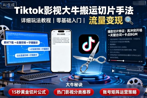 Tiktok影视大牛搬运切片手法,详细玩法教程-鸿图网创