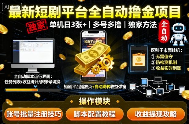 最新短剧平台全自动挂G撸金项目,单机一天3张+,多号多撸,区别于市面所有挂机项目,独家方法【揭秘】-鸿图网创