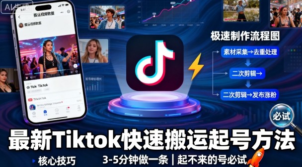 最新Tiktok快速搬运快速起号方法，3-5分钟做一条，起不来的号可以试试-鸿图网创