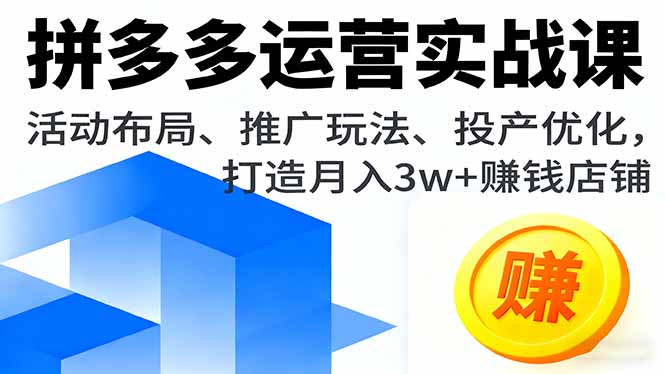 拼多多运营实战课，活动布局、推广玩法、投产优化，打造月入3w+赚钱店铺-鸿图网创