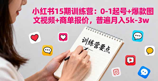 小红书15期训练营：0-1起号+爆款图文视频+商单报价，普遍月入5k-3w-鸿图网创