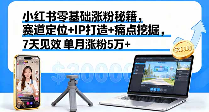 小红书零基础涨粉秘籍，赛道定位+IP打造+痛点挖掘，7天见效 单月涨粉5万+-鸿图网创
