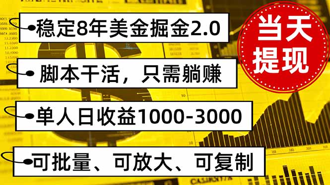 稳定8年美金掘金2.0脚本干活，只需躺赚。单人日收益1000-3000可批量、…-鸿图网创