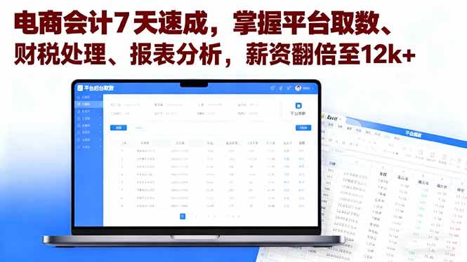 （16192期）电商会计7天速成，掌握平台取数、财税处理、报表分析，薪资翻倍至12k+-鸿图网创