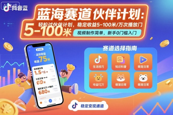 抖音蓝海赛道,轻松过伙伴计划,视频制作简单,万次播放收益在5-100米,稳定收益-鸿图网创