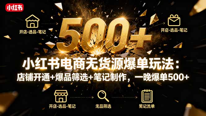 小红书电商无货源爆单玩法：店铺开通+爆品筛选+笔记制作，一晚爆单500+-鸿图网创