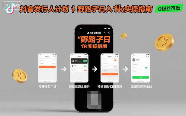 抖音发行人计划全新野路子玩法，随时随地，只要有手机，就能操作，日入1k+【揭秘】-鸿图网创