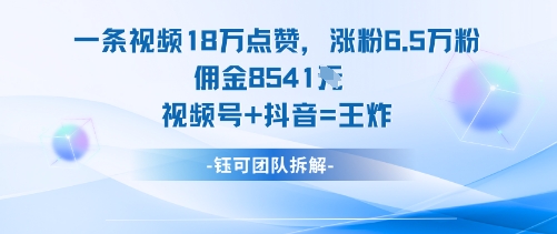 一条视频18W点赞，涨粉6.5W粉佣金8541米，视频号+抖音=王炸-鸿图网创