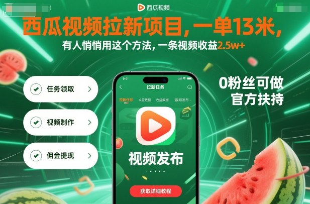 西瓜视频拉新项目,一单13米,有人悄悄用这个方法,一条视频收益2.5w+(附详细教程)-鸿图网创