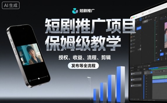 短剧推广项目保姆级教学,授权、收益、流程、剪辑,发布等全流程-鸿图网创