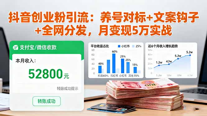 抖音创业粉引流：养号对标+文案钩子+全网分发，月变现5万实战-鸿图网创