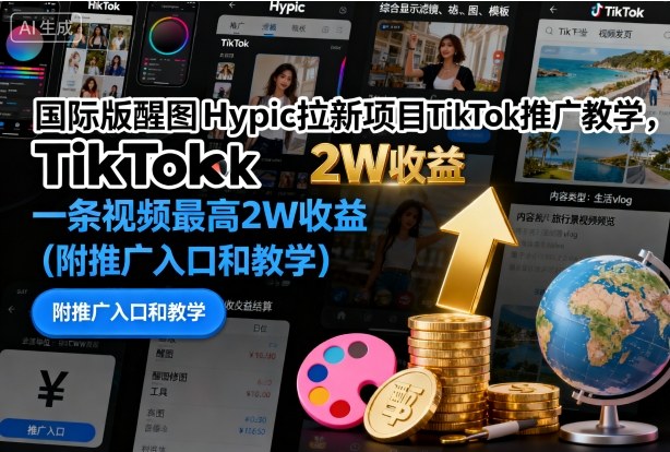 国际版醒图Hypic拉新项目TikTok推广教学，一条视频最高2W收益(附推广入口和教学)-鸿图网创