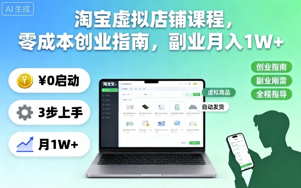 淘宝虚拟店铺课程，零成本创业指南，副业月入1W+-鸿图网创