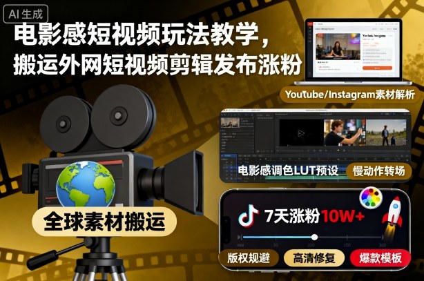 电影感短视频玩法教学，搬运外网短视频剪辑发布涨粉-鸿图网创