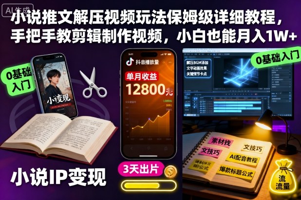 小说推文解压视频玩法保姆级详细教程，手把手教剪辑制作视频，小白也能月入1W+-鸿图网创