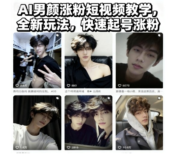 AI男颜涨粉短视频教学，全新玩法，快速起号涨粉-鸿图网创