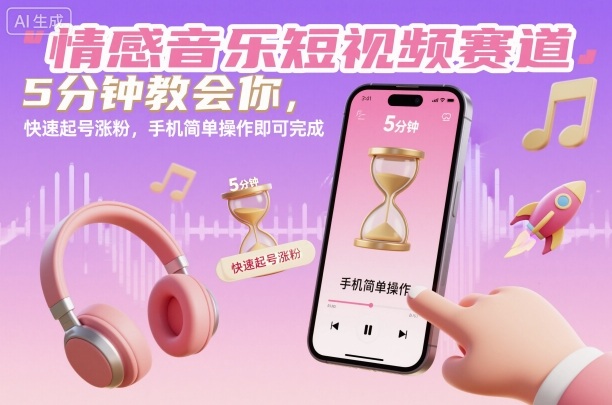 情感音乐短视频赛道，5分钟教会你，快速起号涨粉，手机简单操作即可完成-鸿图网创