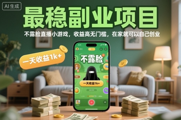 最稳副业项目，不露脸直播小游戏，收益高无门槛，一天收益1k+，在家就可以自己创业【揭秘】-鸿图网创