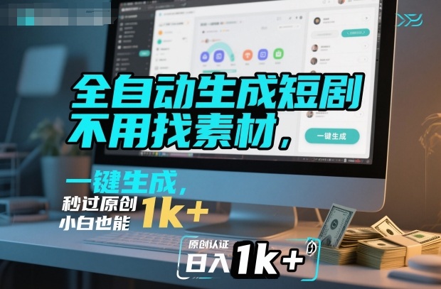 全自动生成短剧，不用找素材，不用剪辑，一键生成，秒过原创，小白也能轻松日入1k+【揭秘】-鸿图网创