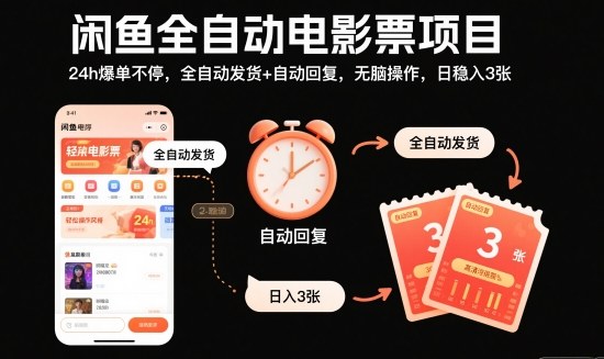 闲鱼全自动电影票项目，24h爆单不停，全自动发货+自动回复，无脑操作，日稳入3张【揭秘】-鸿图网创