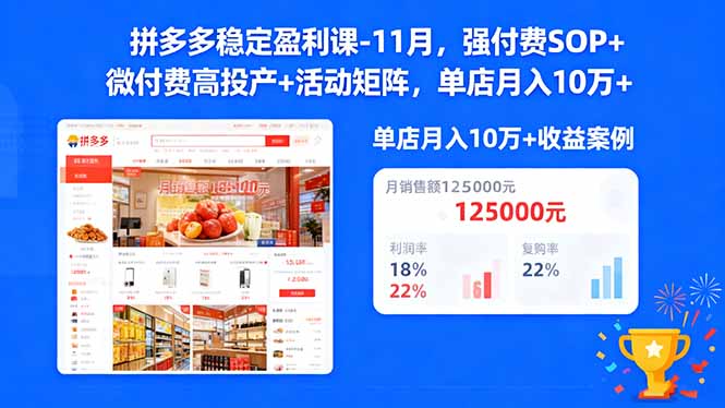 拼多多稳定盈利课-11月,强付费SOP+微付费高投产+活动矩阵,单店月入10w+-鸿图网创