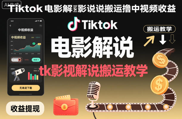 Tiktok电影解说搬运撸中视频收益,tk影视解说搬运教学-鸿图网创
