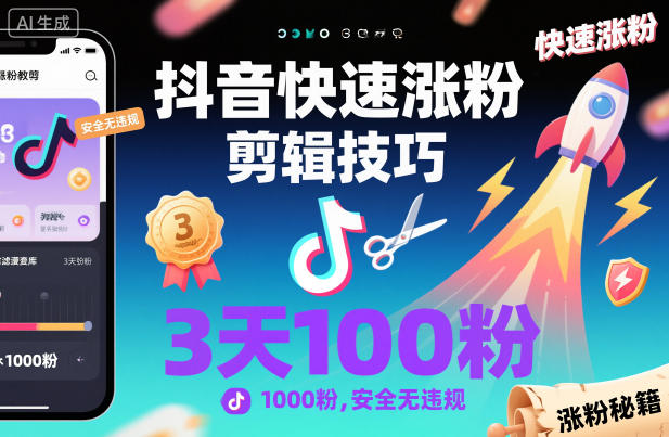 抖音快速涨粉剪辑技巧,3天1000粉,安全无违规-鸿图网创