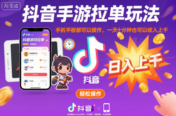 抖音手游拉单玩法,手机平板都可以操作,一天十分钟也可以收入上K【揭秘】-鸿图网创