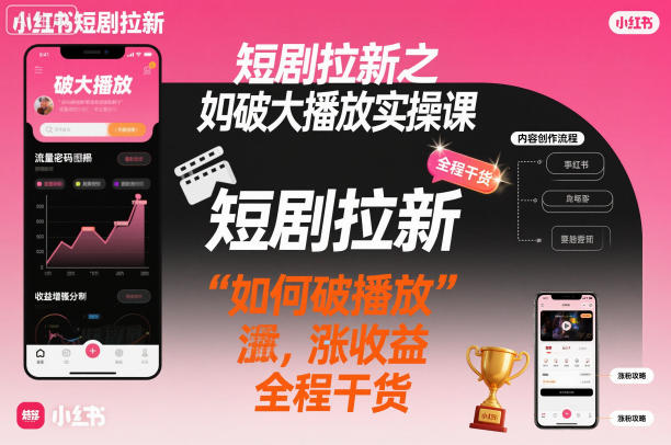 短剧拉新之小红书如何破大播放实操课，如何破播放，涨收益，全程干货-鸿图网创